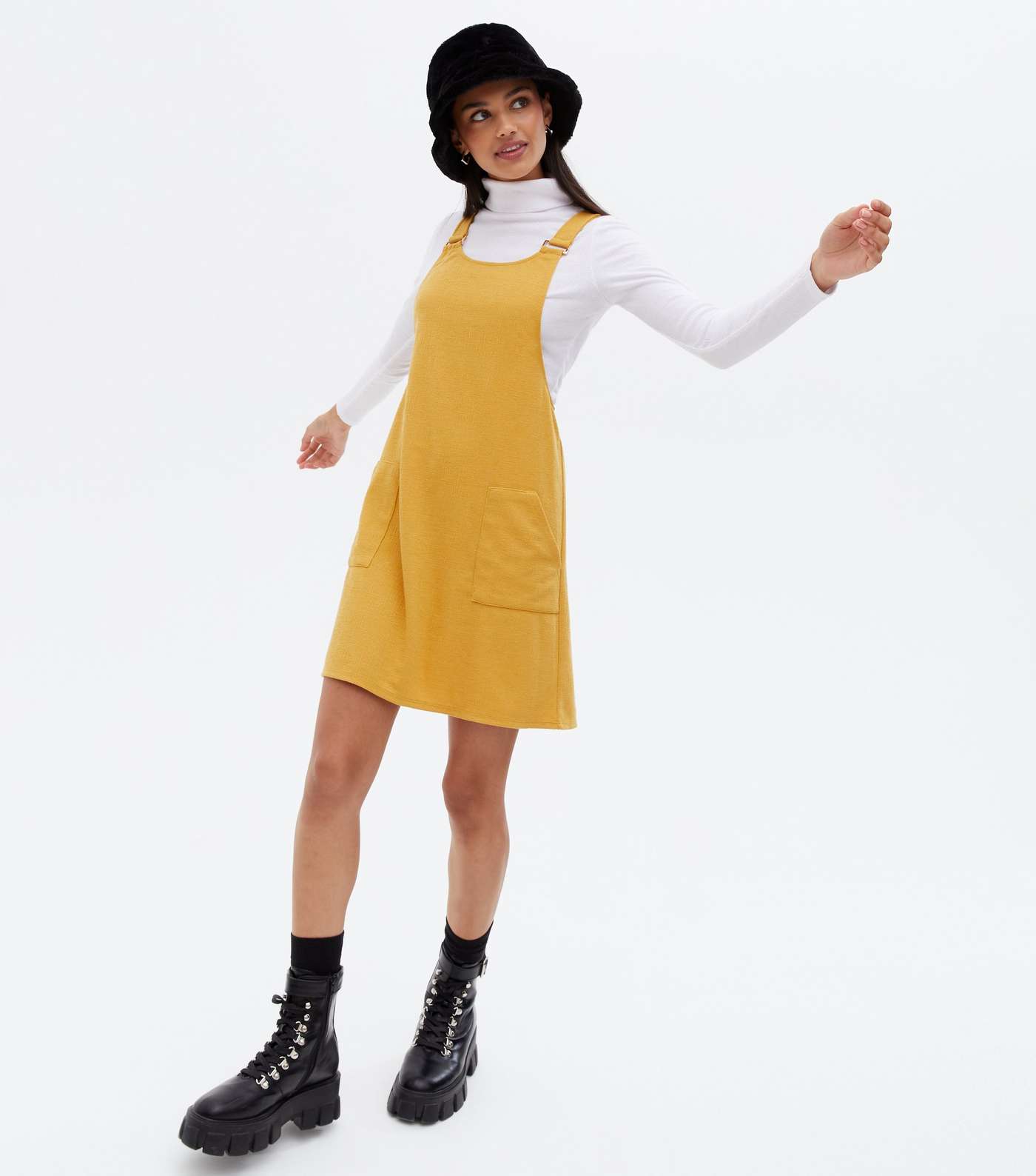 Mustard Crepe Pocket Front Pinafore Dress Image 2