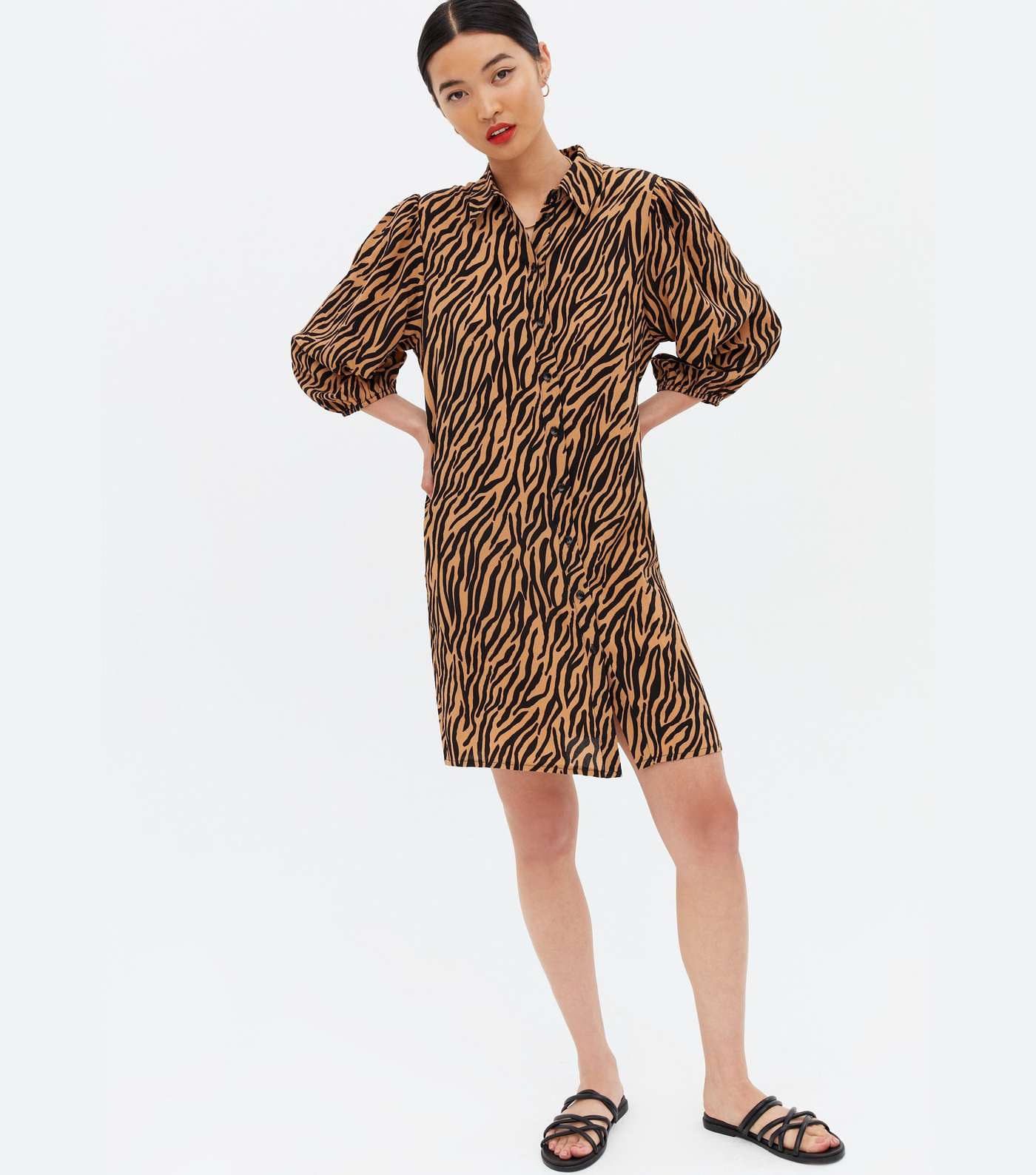 Brown Tiger Print Mini Shirt Dress