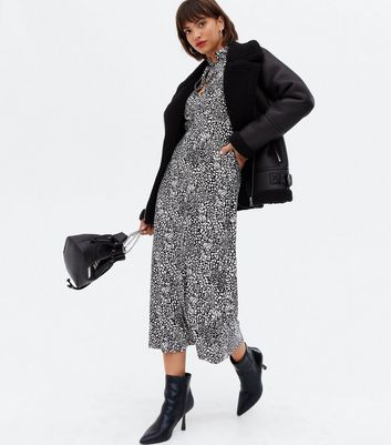 Black Leopard Print Tie Neck Midi Dress 