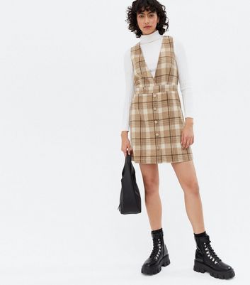 brown plaid pinafore dress