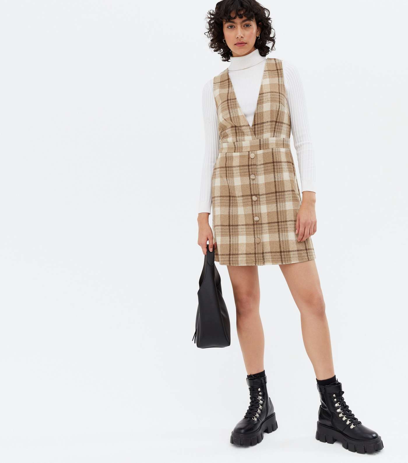 Brown Check V Neck Button Front Pinafore Dress Image 2