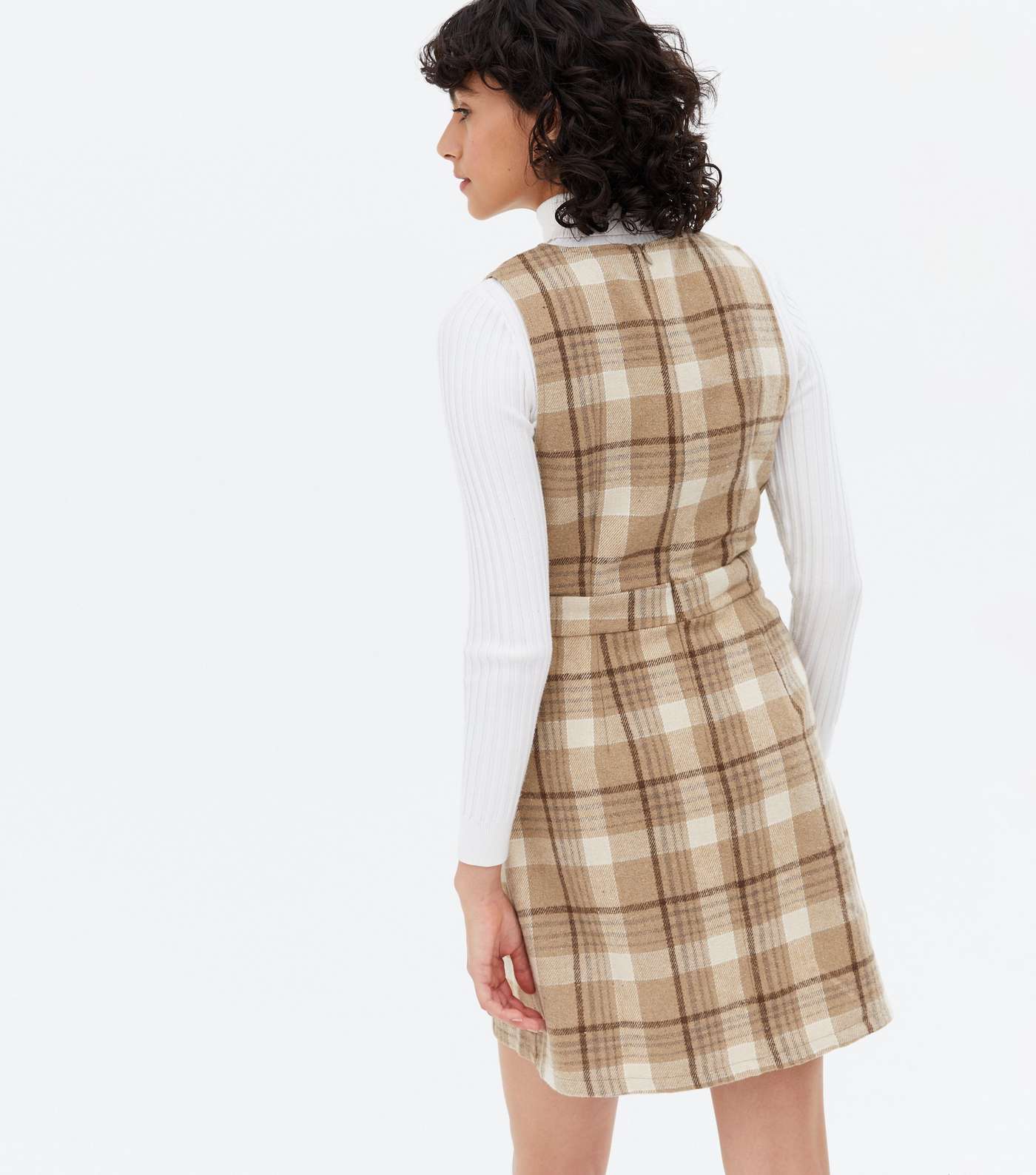 Brown Check V Neck Button Front Pinafore Dress Image 4