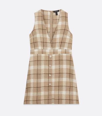 Brown Check V Neck Button Front Pinafore Dress New Look