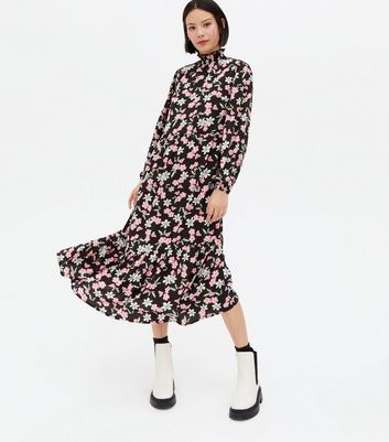 Black Floral High Neck Midi Oversized Smock Dress