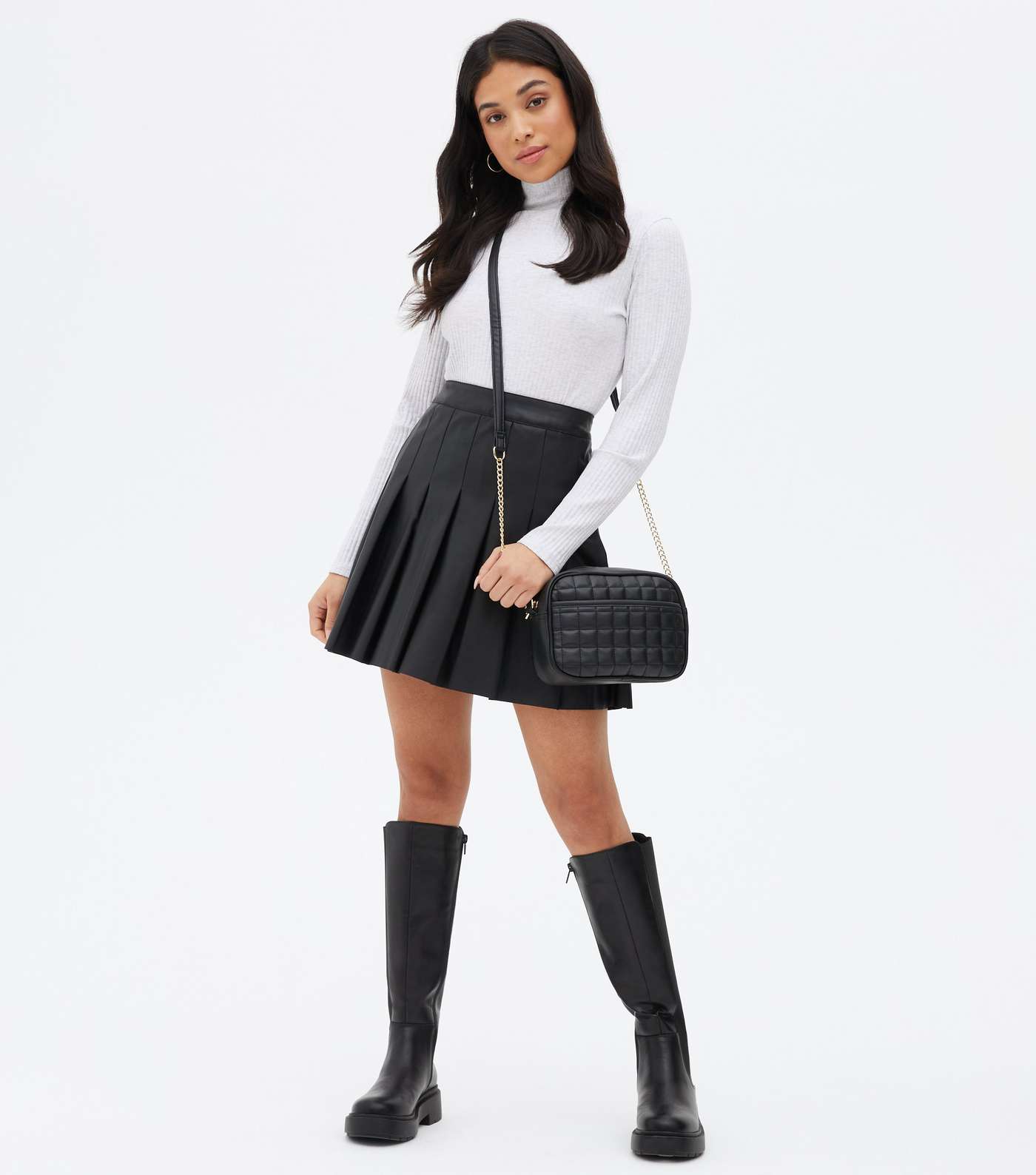 Petite Black Leather-Look Pleated Tennis Skirt