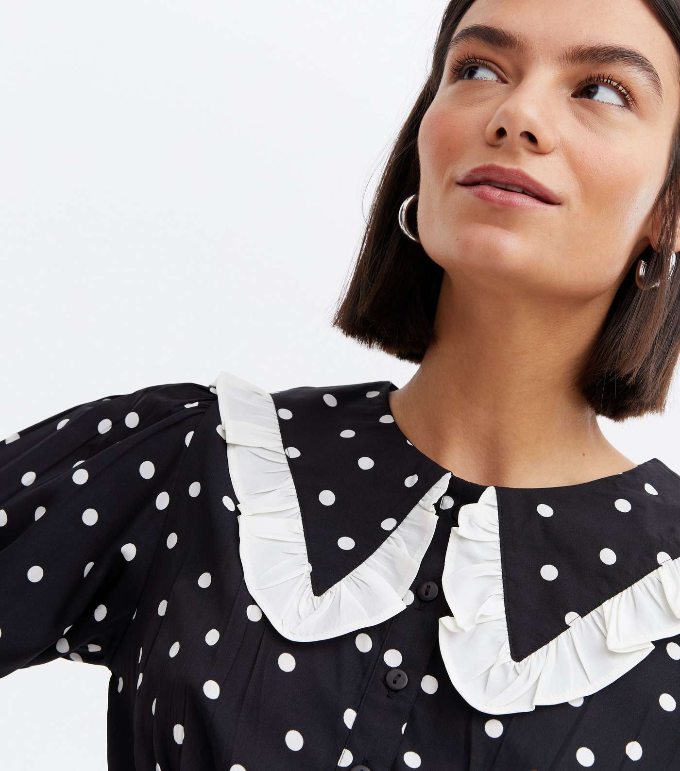 Black Spot Frill Collar Long Sleeve Midi Dress Image 3