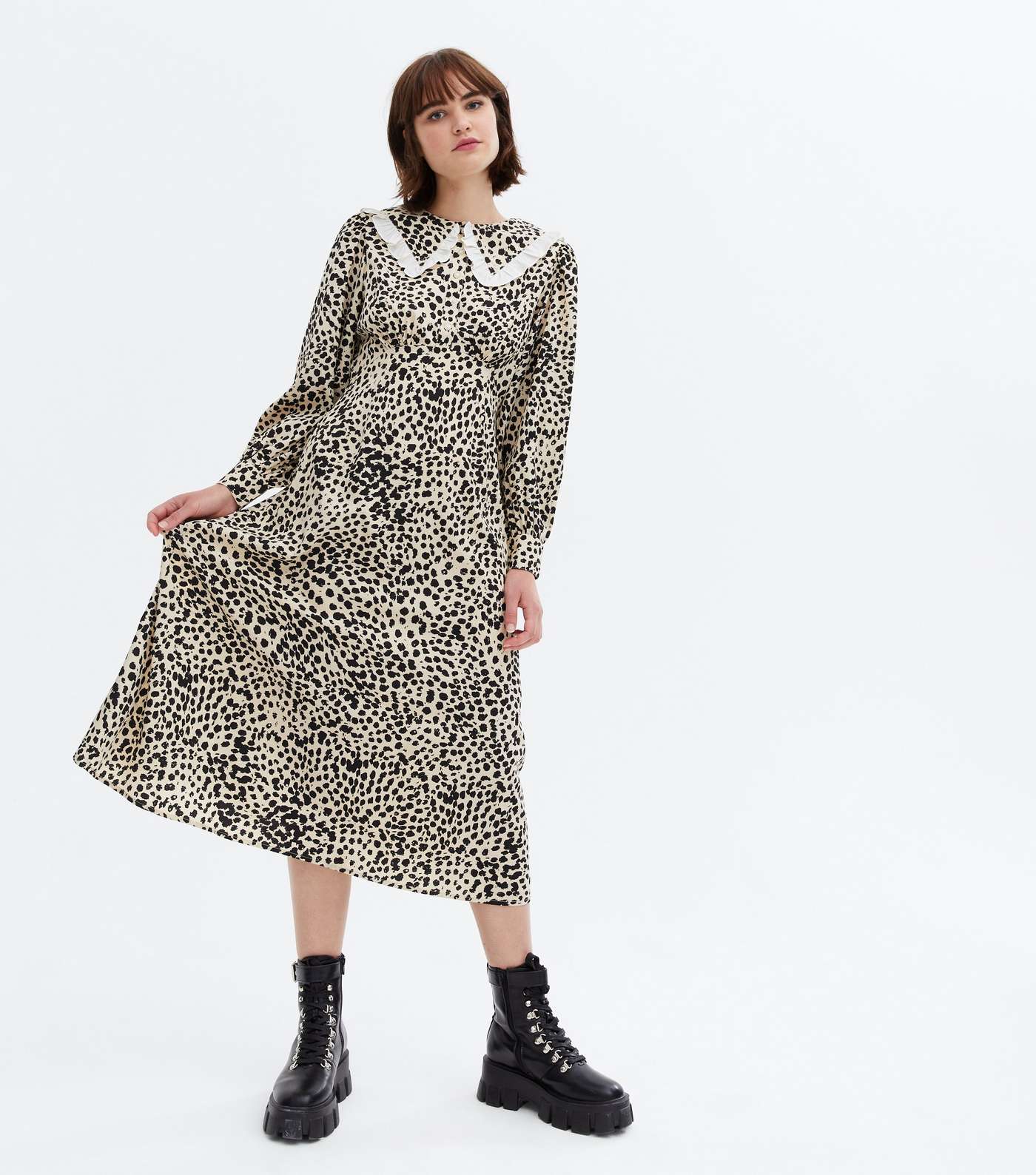 Brown Leopard Print Frill Collar Long Sleeve Midi Dress Image 2