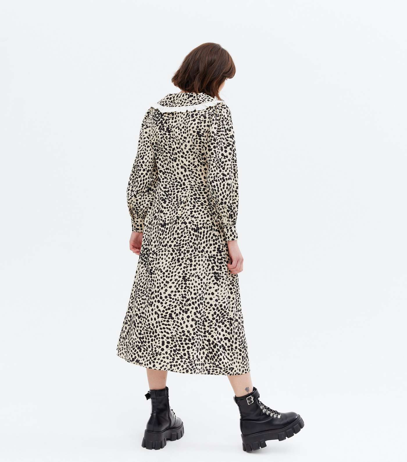 Brown Leopard Print Frill Collar Long Sleeve Midi Dress Image 4