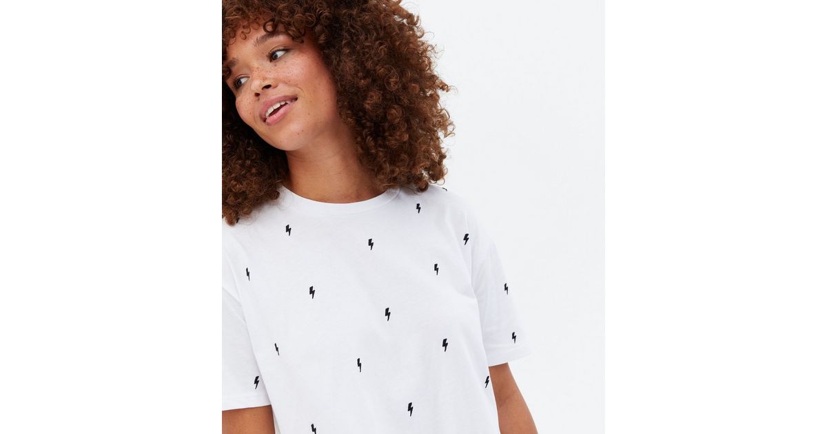 White Lightning Bolt Embroidered Boxy T-Shirt | New Look