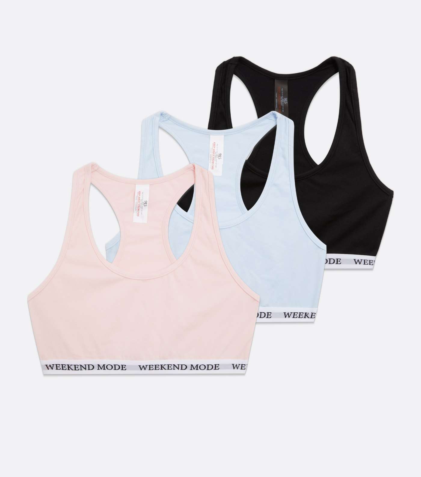 Girls Black 3 Pack Pale Blue and Pink Weekend Mode Logo Crop Tops