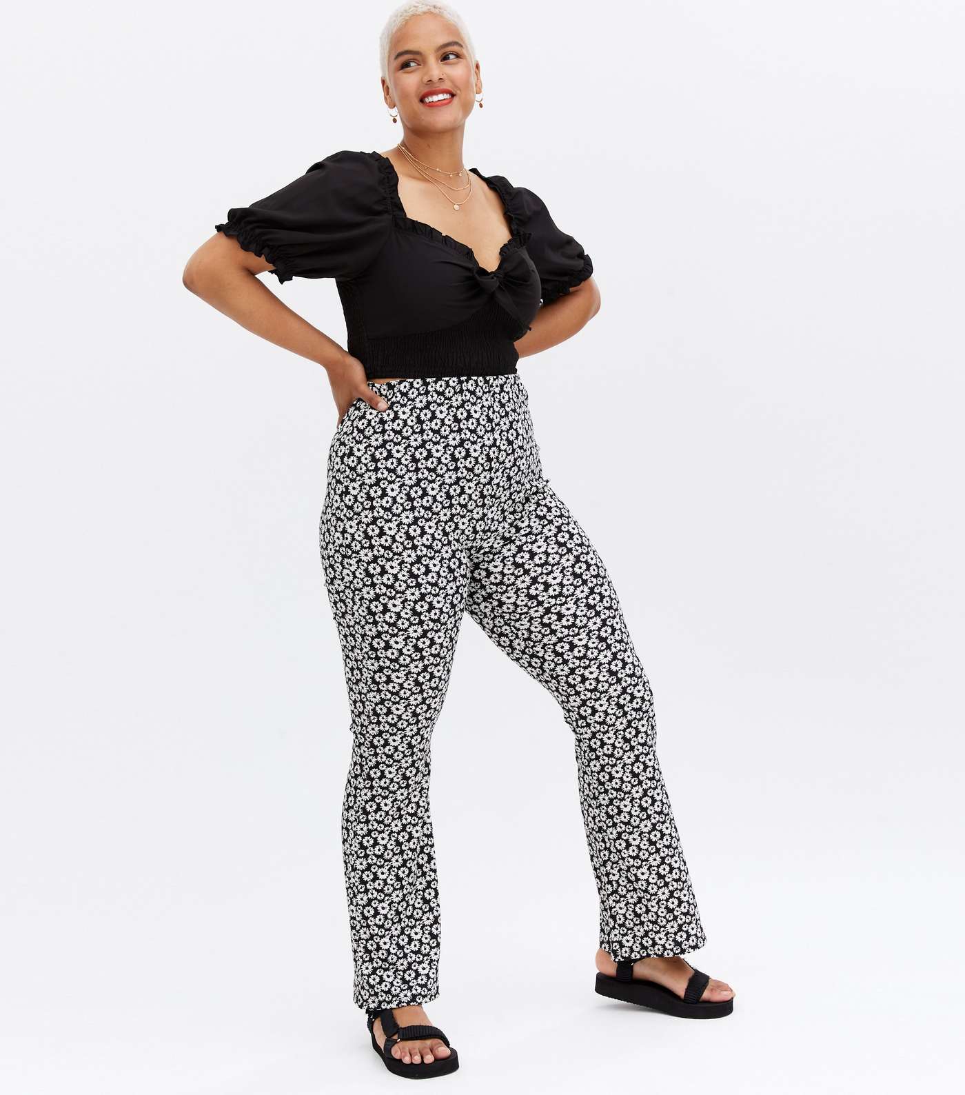 Curves Black Ditsy Floral Flared Trousers