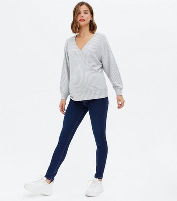 Maternity Grey Ribbed Fine Knit Wrap Deep Hem Top New Look