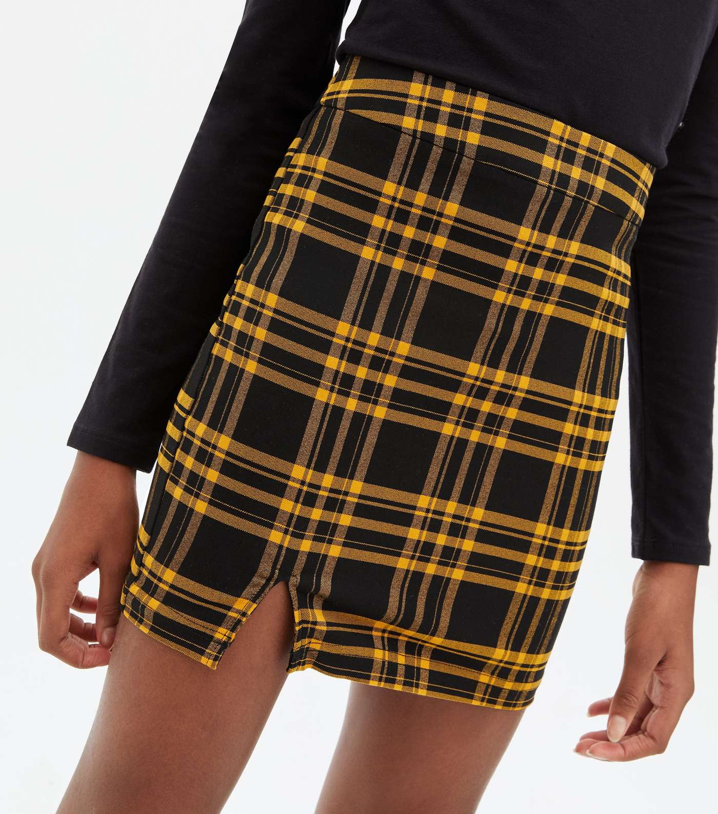 Girls Black Check Split Hem Mini Tube Skirt Image 3