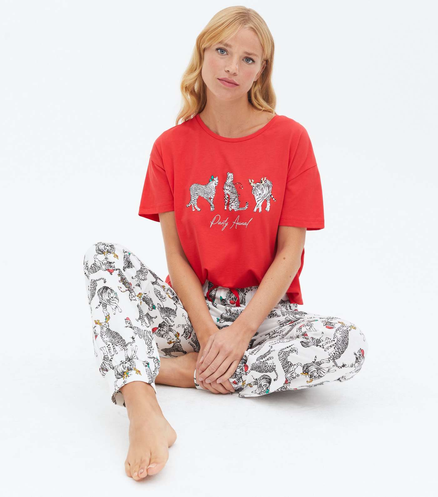 Red Cheetah Party Animal Logo Matching Family Christmas Pyjama Set