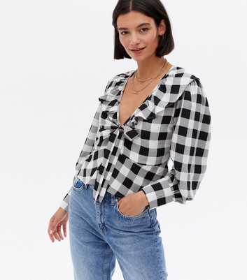 Wednesday's Girl Black Check Frill Tie Front Blouse 