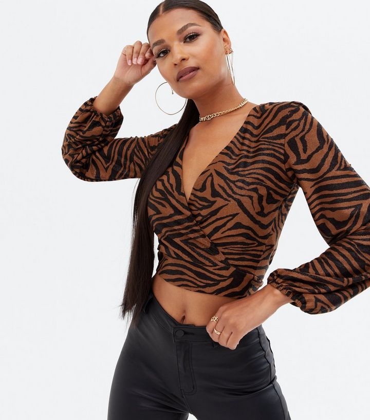 Brown Zebra Print Glitter Wrap Crop Blouse New Look
