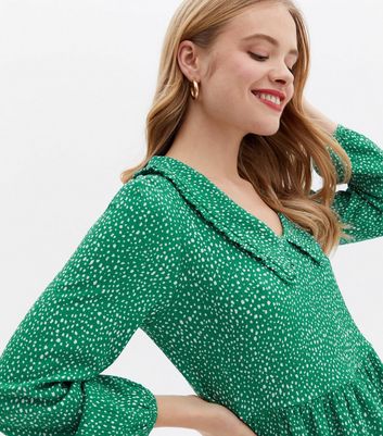 Green Spot Frill Collar Peplum Blouse New Look