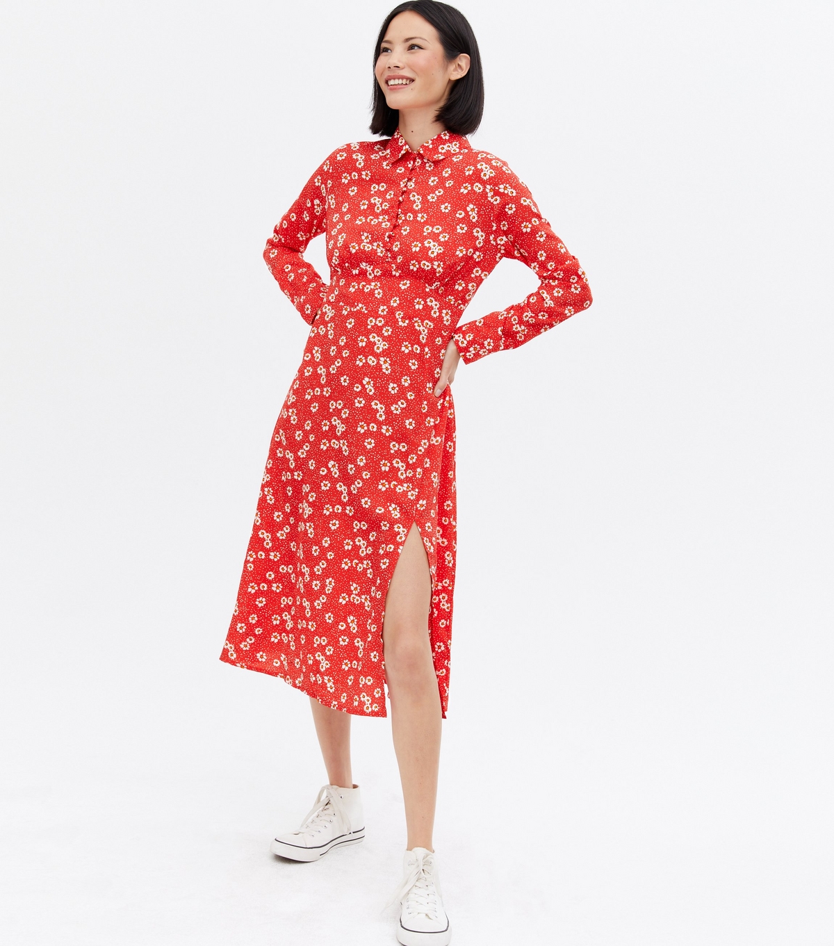 Women's Red Daisy Midi Shirt Dress Wednesday's Girl New Look