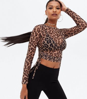 Top Mesh Long Print Sleeve New Black Ruched | Side Leopard Look