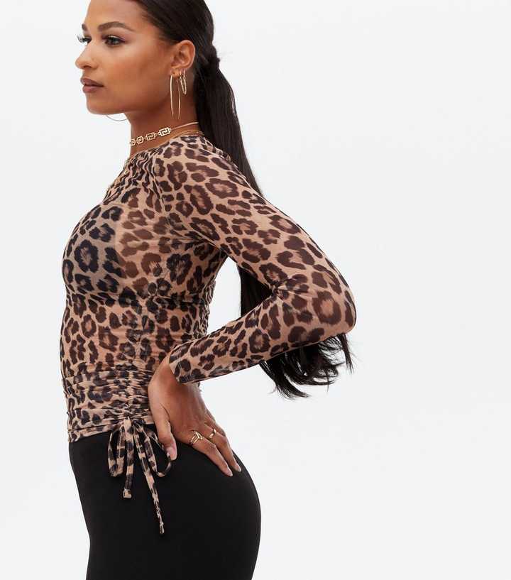 Black Leopard Print Mesh Ruched Side Long Sleeve Top | New Look
