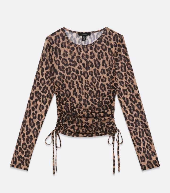 Black Leopard Print Mesh Ruched Side Long Sleeve Top
