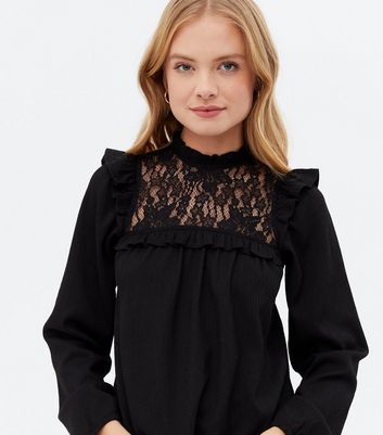 Click to view product details and reviews for Black Textured Lace Yoke Frill High Neck Blouse New Look.