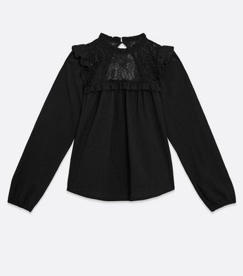 Black Textured Lace Yoke Frill High Neck Blouse | New Look