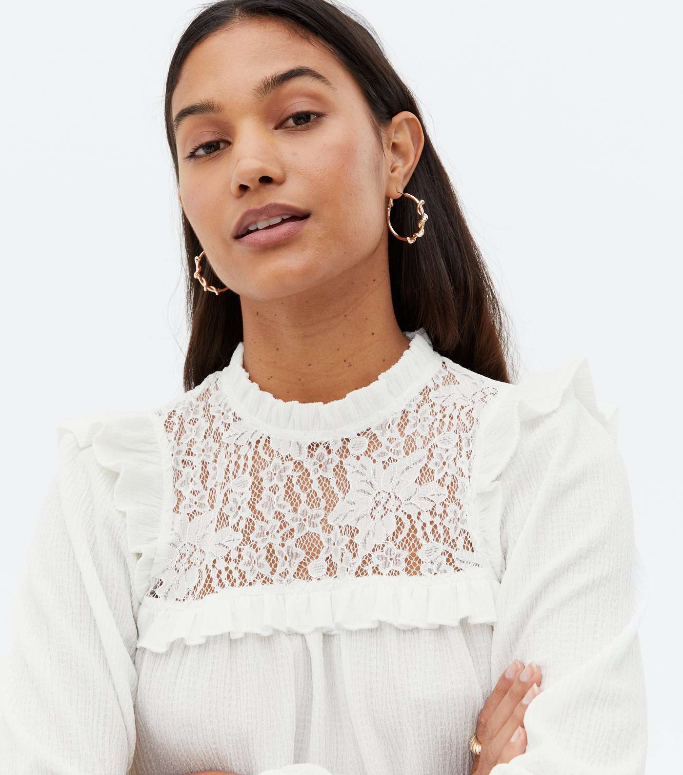 Off White Textured Lace Yoke Frill High Neck Blouse