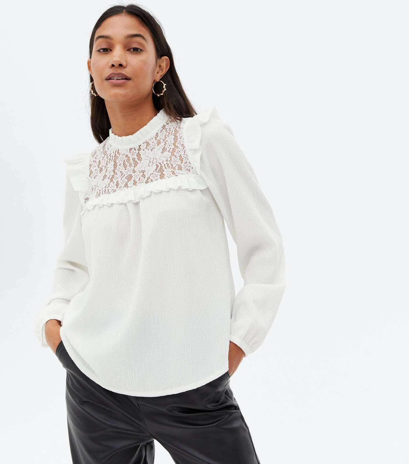 Off White Textured Lace Yoke Frill High Neck Blouse Image 3