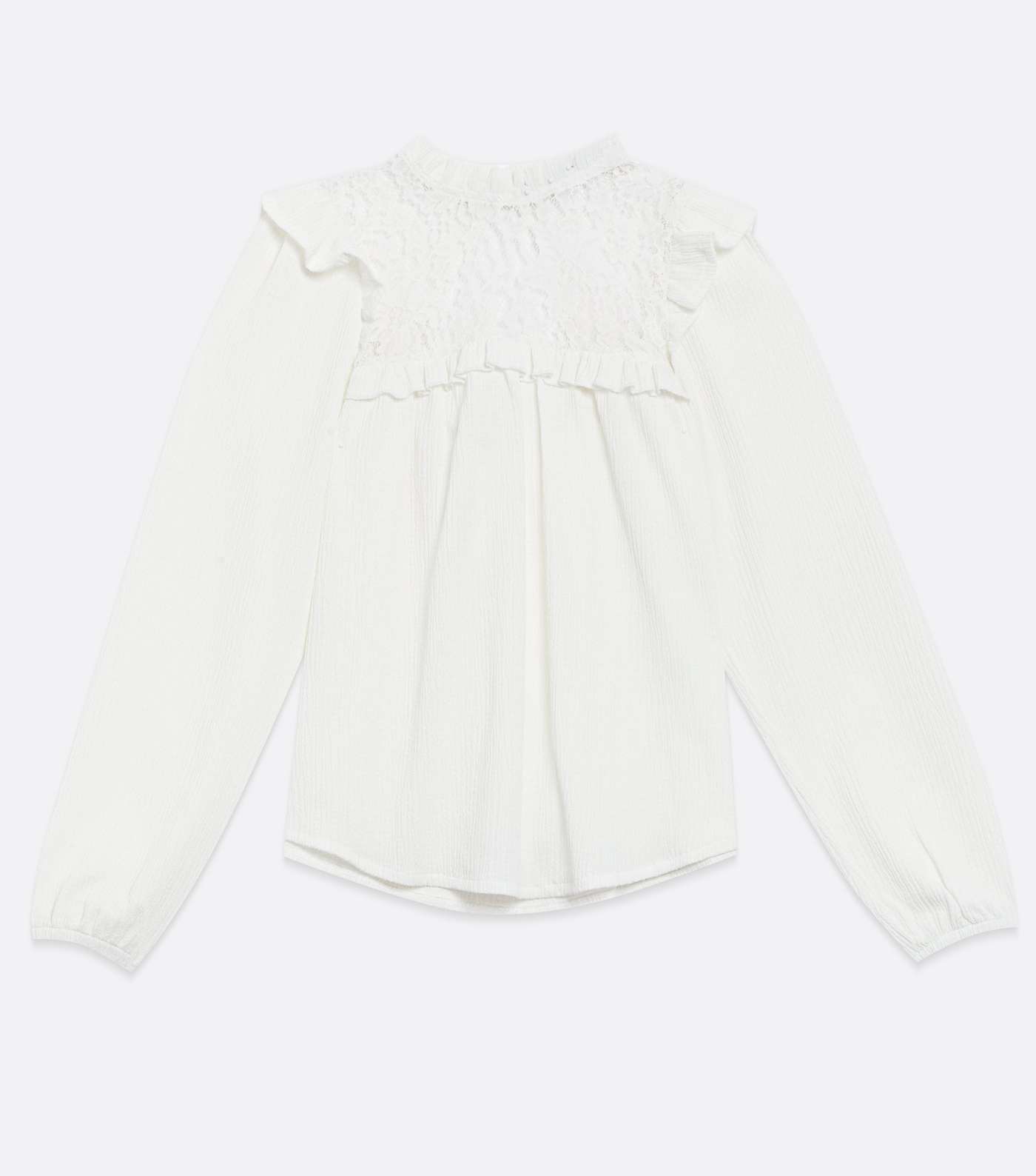 Off White Textured Lace Yoke Frill High Neck Blouse Image 5