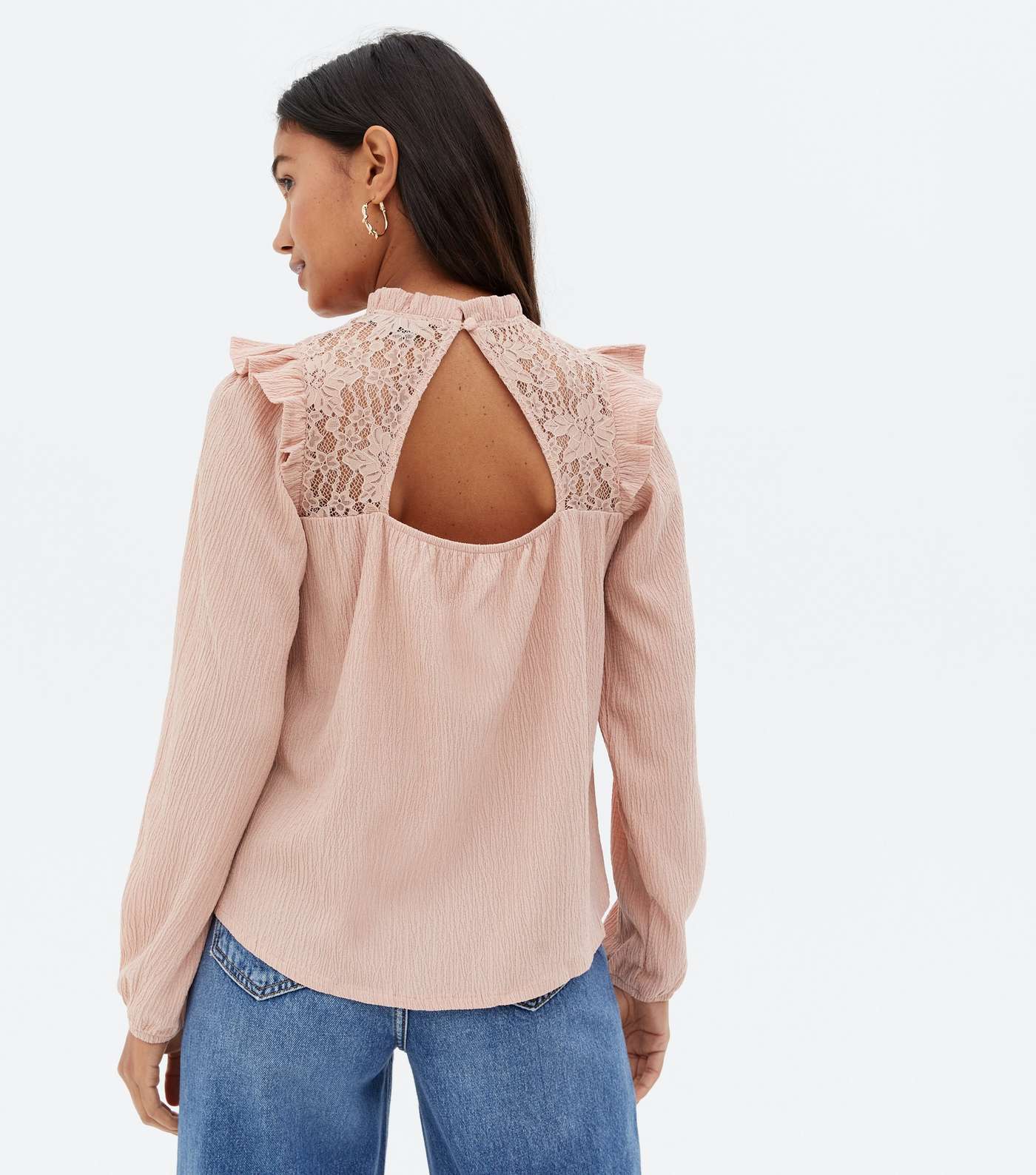 Pale Pink Textured Lace Yoke Frill High Neck Blouse Image 4