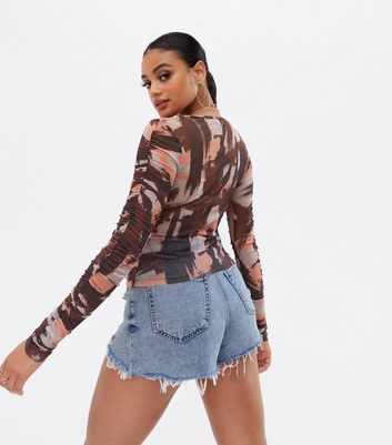 Brown Brushstroke Long Sleeve Mesh Top 