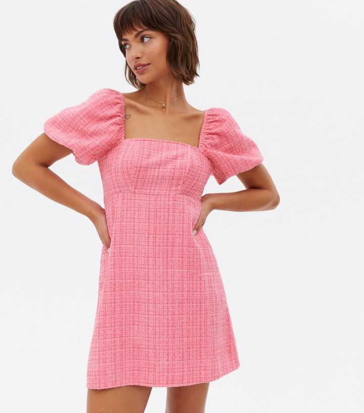 Pink Check Bouclé Metallic Square Neck Mini Dress