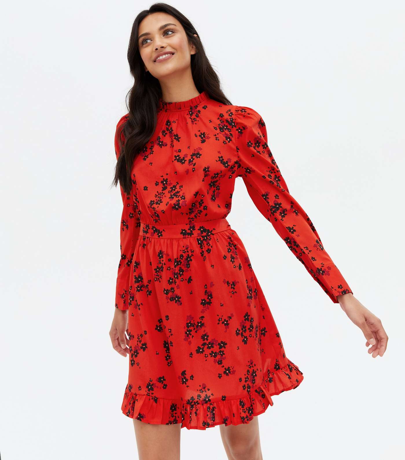 Red Ditsy Floral Frill Tie Waist Mini Dress