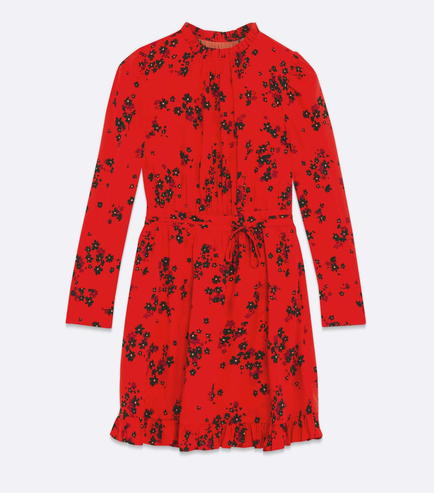 Red Ditsy Floral Frill Tie Waist Mini Dress Image 5