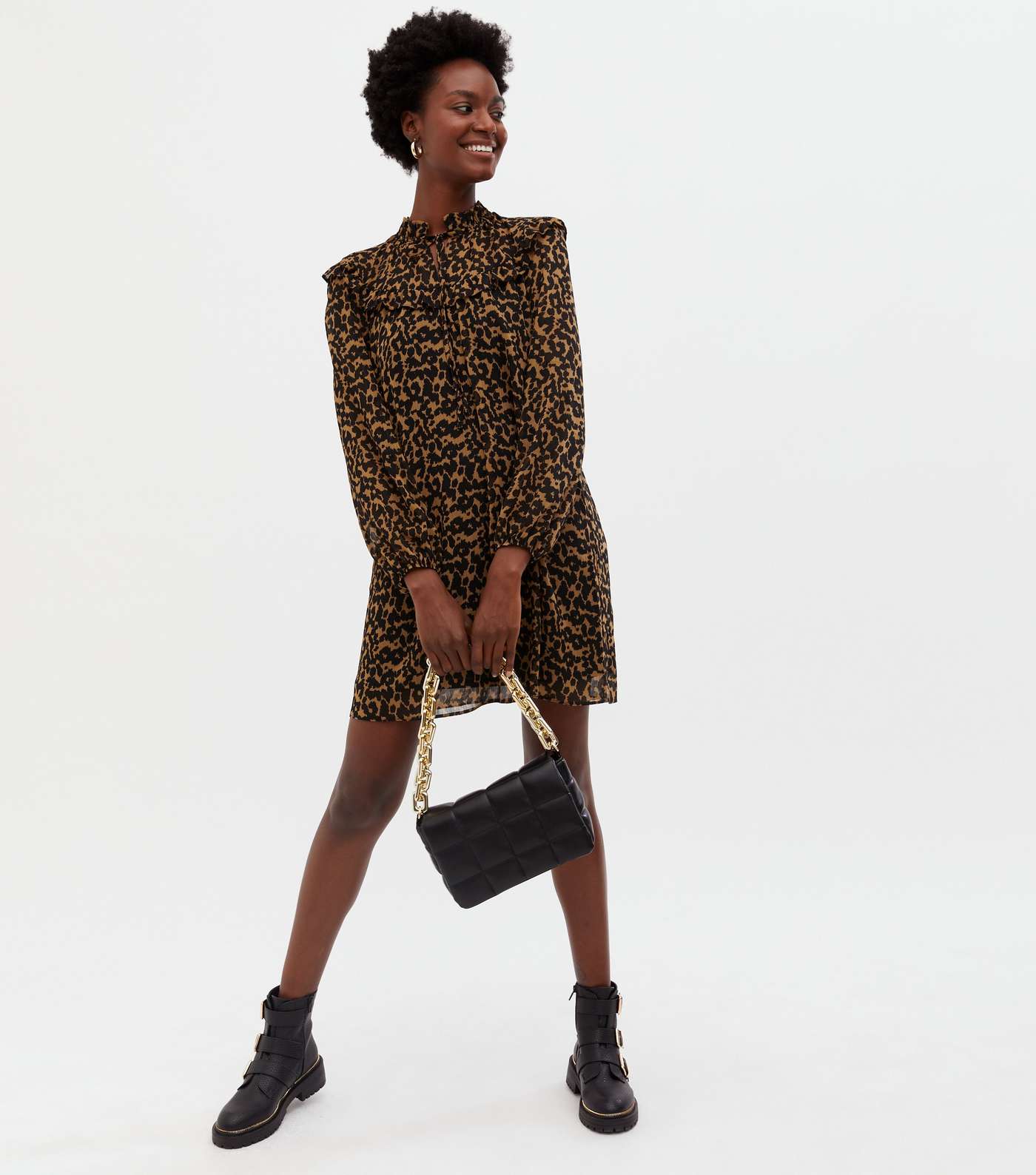 Brown Leopard Print Chiffon Frill Tie High Neck Mini Dress