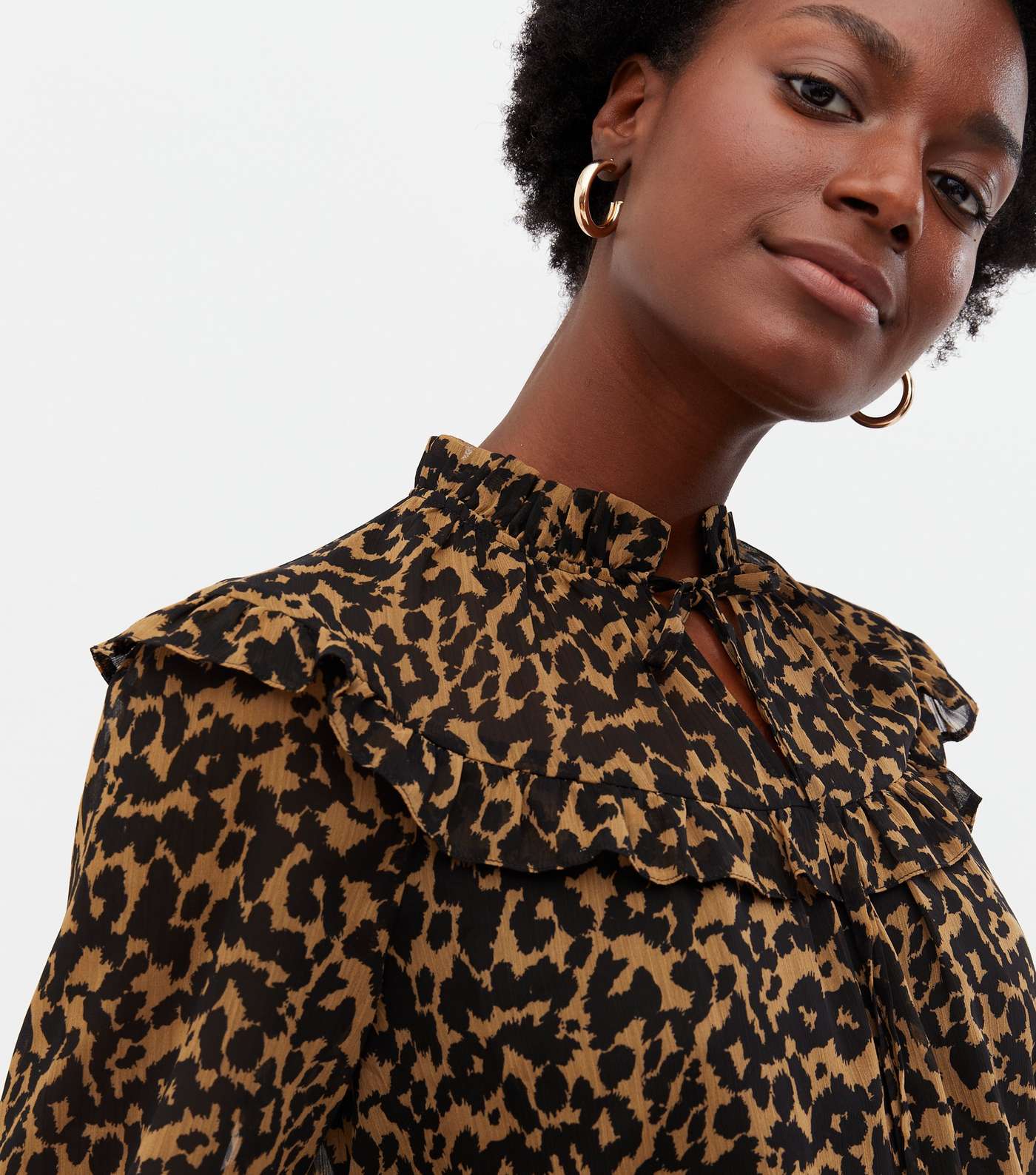Brown Leopard Print Chiffon Frill Tie High Neck Mini Dress Image 3