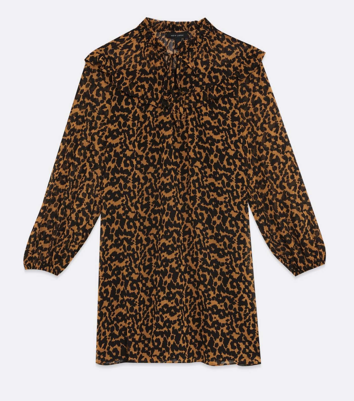 Brown Leopard Print Chiffon Frill Tie High Neck Mini Dress Image 5