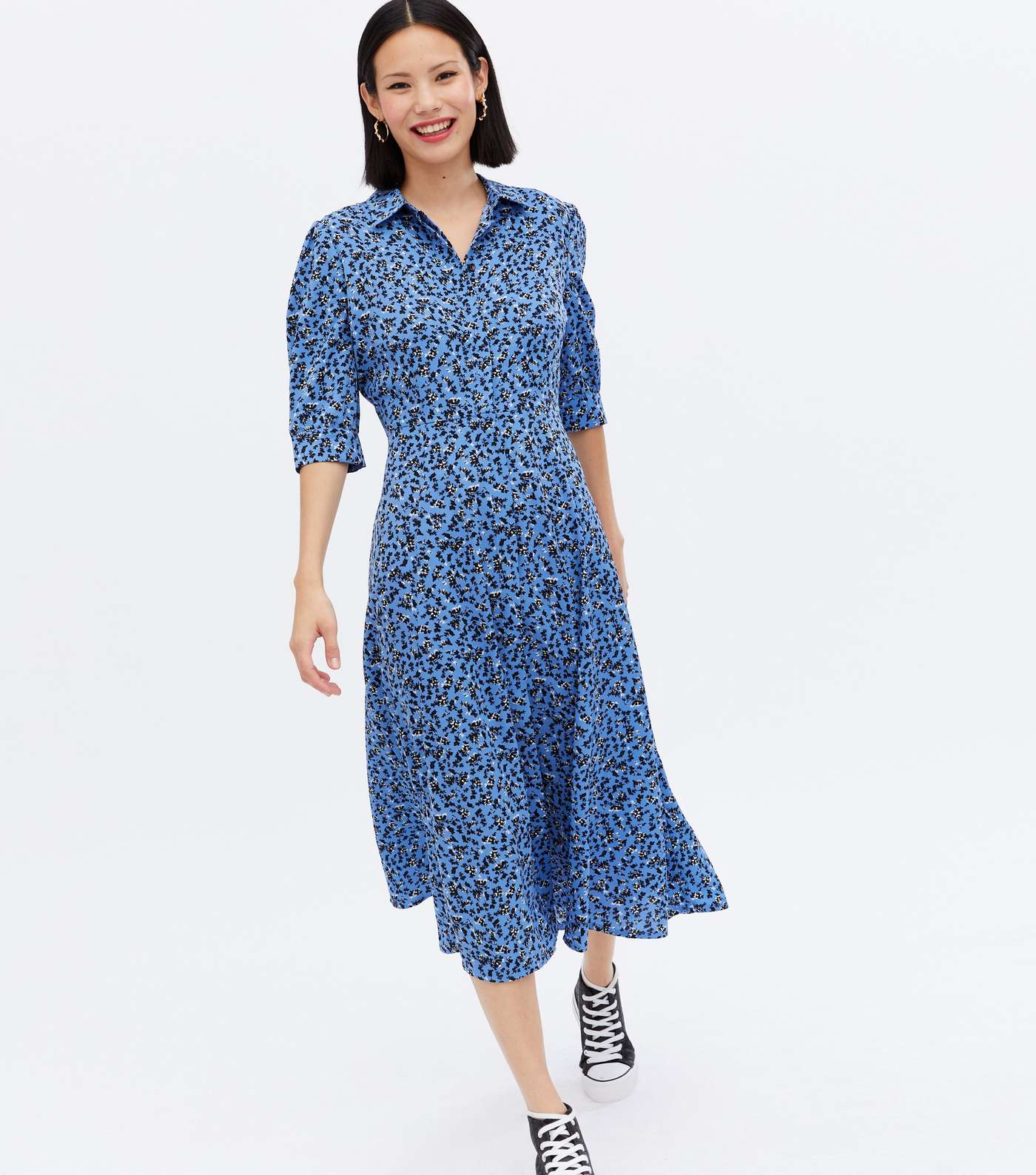 Blue Floral Long Sleeve Midi Shirt Dress