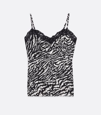 Black Zebra Print Satin Lace Trim Cami