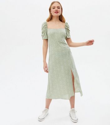 new look green square neck dress