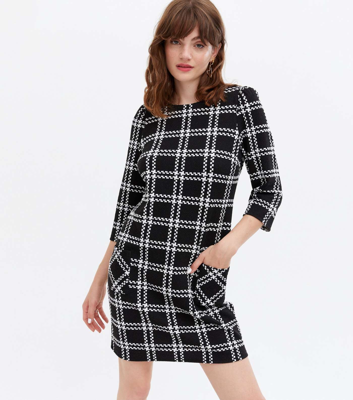 Black Jacquard Grid Check Mini Shift Dress