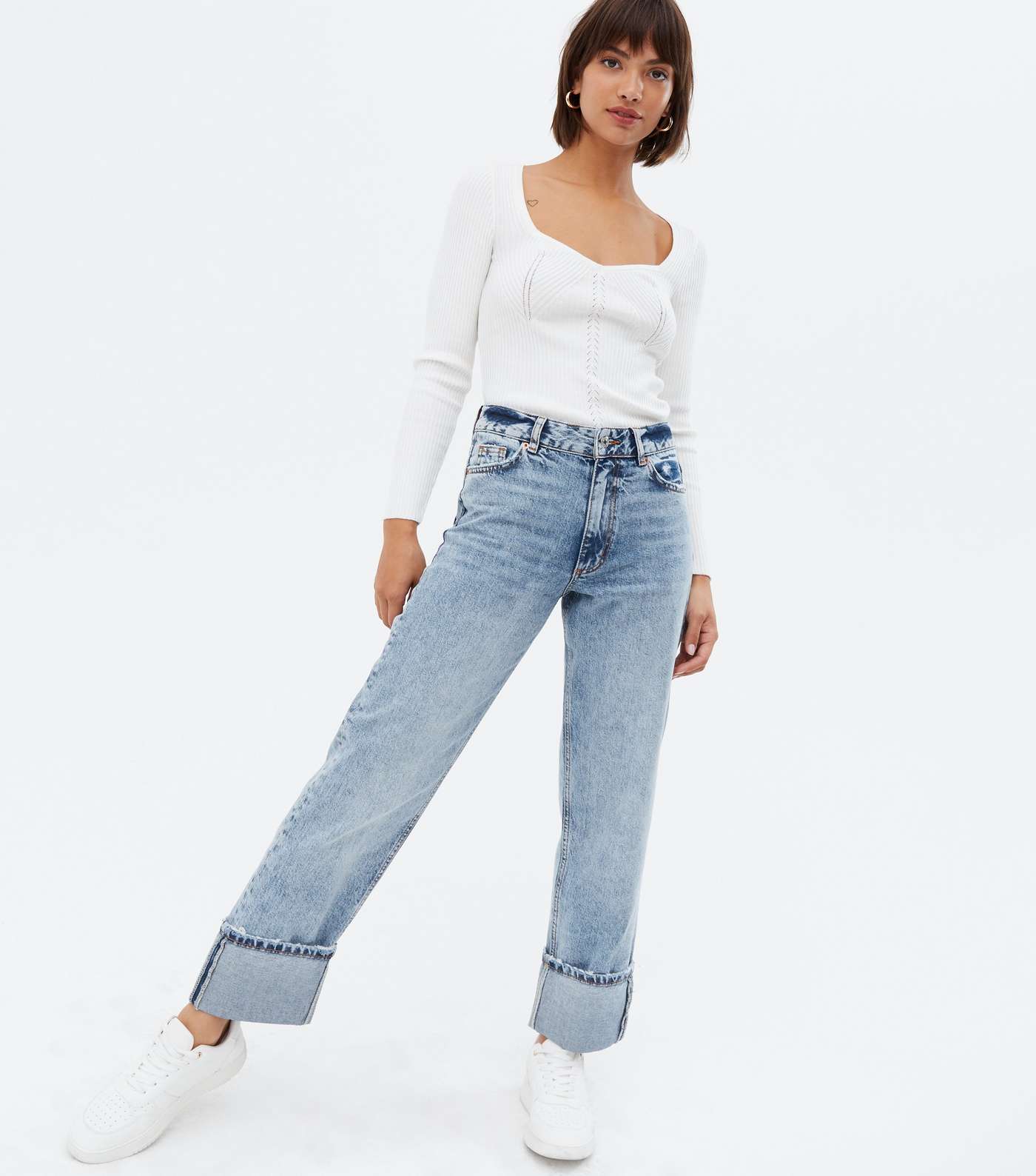 Blue Acid Wash Turn Up Ankle Grazing Hannah Straight Leg Jeans