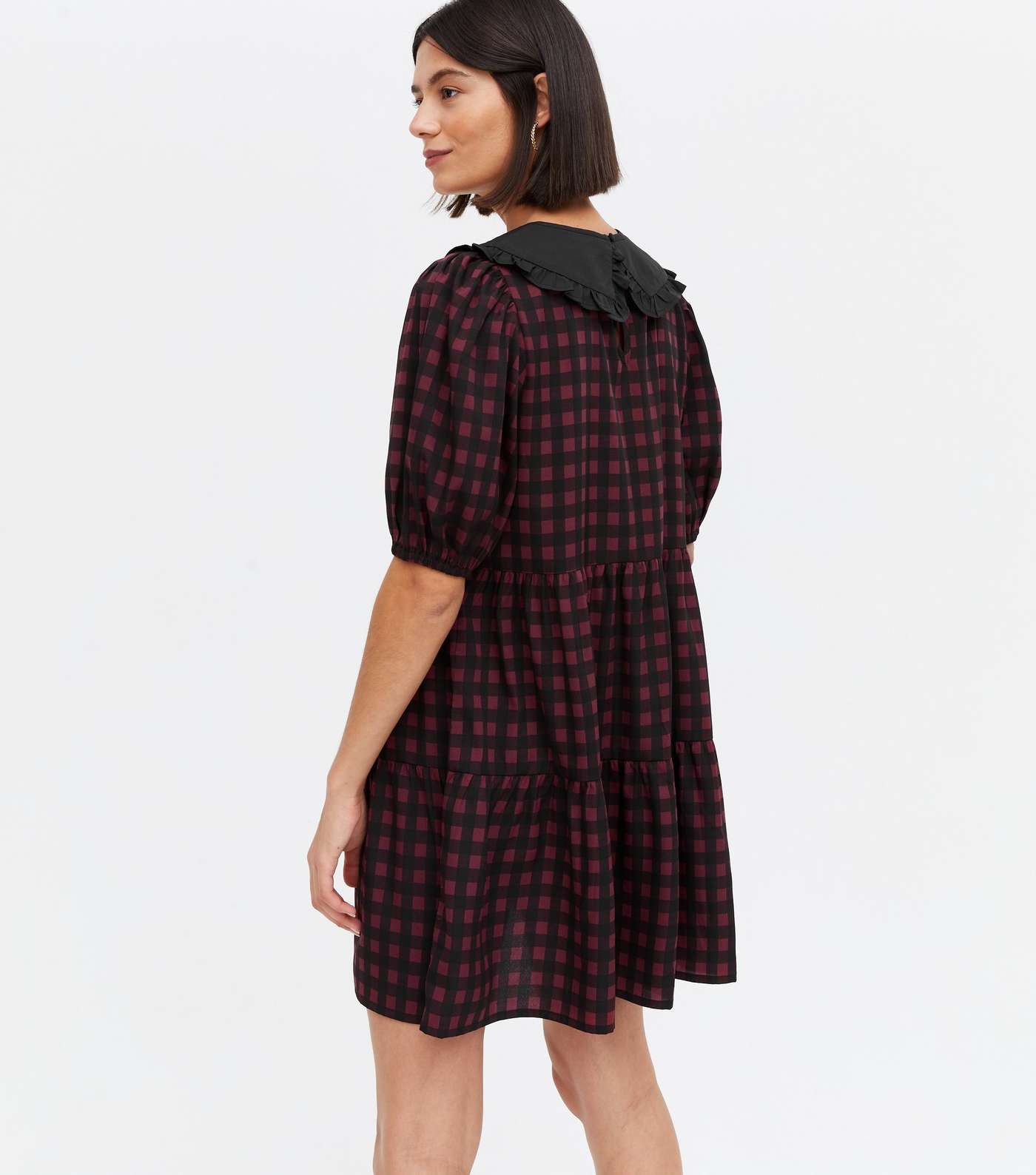 Red Gingham Frill Collar Tiered Mini Smock Dress Image 4
