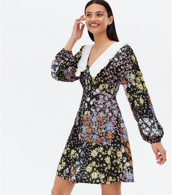Black Ditsy Floral Crepe Frill Collar Mini Dress | New Look