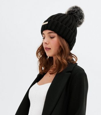 ladies black fur bobble hat