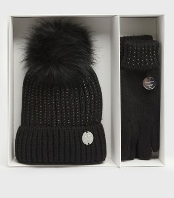 Little Mistress Black Diamante Bobble Hat and Gloves Set New Look