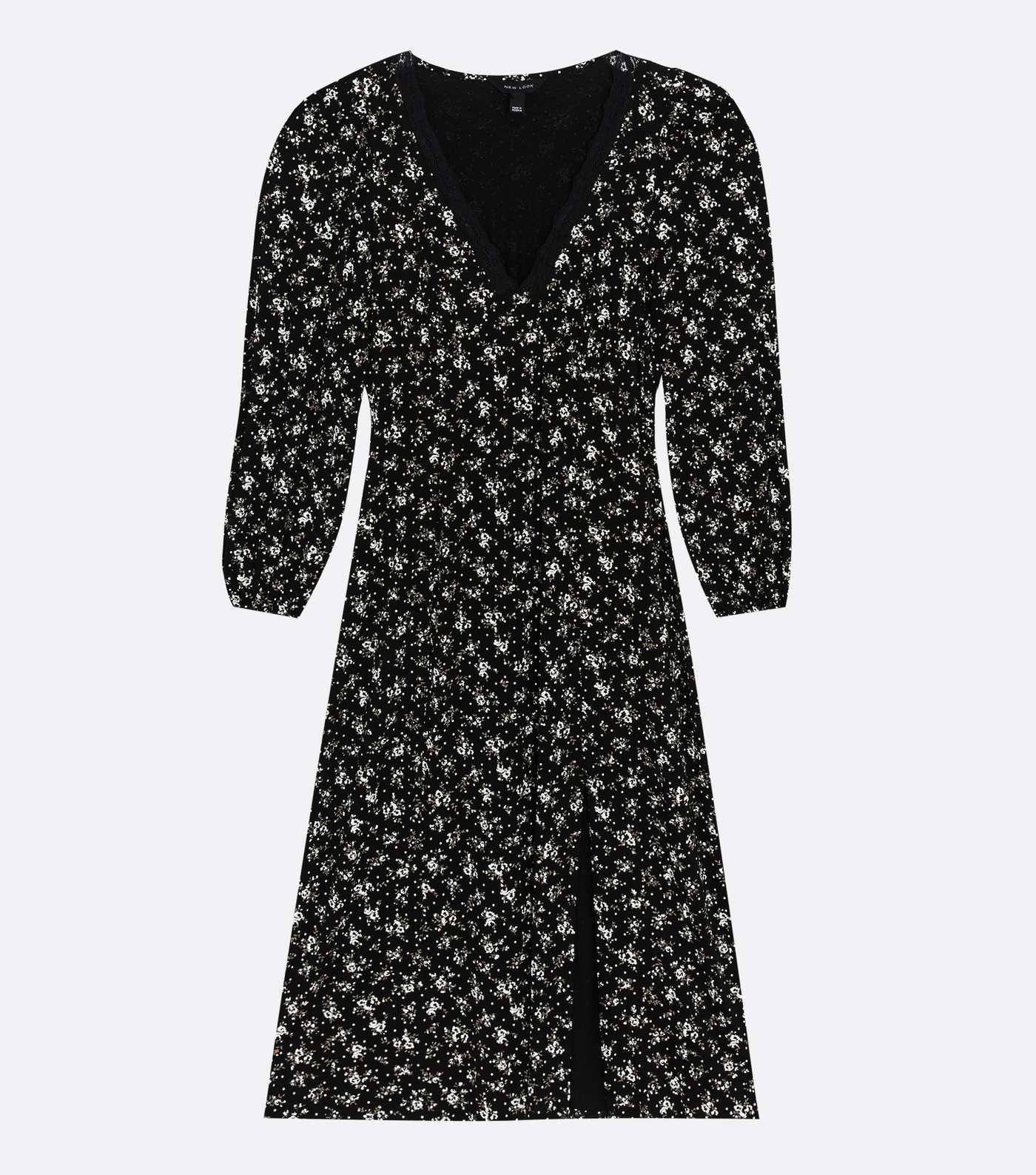 Black Floral Spot Lace Trim Midi Dress Image 5