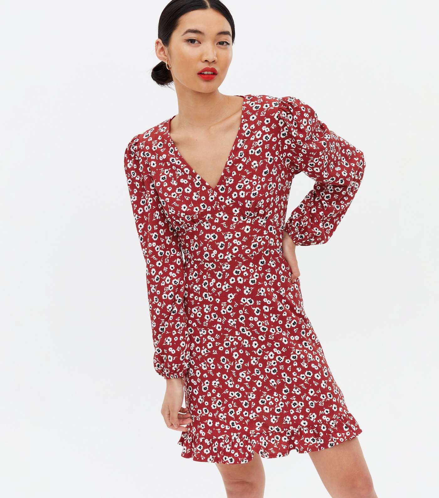Red Ditsy Floral Long Sleeve Frill Mini Dress
