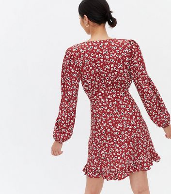 Red Ditsy Floral Long Sleeve Frill Mini 